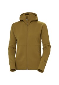 Sudadera con cremallera en color caqui, de material texturizado, con capucha y puños con orificio para el pulgar. Presenta un bolsillo frontal y un logo de marca en contraste en la manga.
