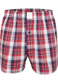 Boxers para hombres en cuadros rojos, azul marino y blancos, con una cintura elástica y un solo botón en la bragueta. Tela suave con un patrón a cuadros.