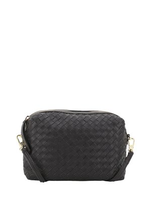 Black woven leather crossbody bag with a zipper closure, small size, featuring a detachable strap and gold-tone hardware accents.
