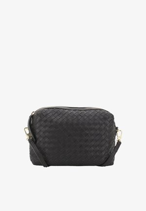 Black woven leather crossbody bag with a zipper closure, small size, featuring a detachable strap and gold-tone hardware accents.