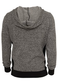 Szürke-fekete kapucnis pulóver texturált anyaggal, húzózsinóros kapucnival és hosszú ujjakkal, kontrasztos fekete szegéllyel és oldalsó panelekkel.