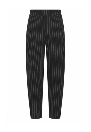Pantalon noir fuselé avec des fines rayures blanches verticales et une taille haute.
