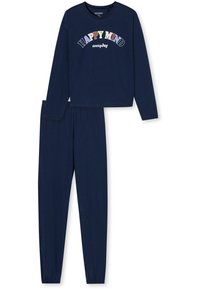 Navy blue pajama set featuring a long-sleeve top with "HAPPY MIND everyday" text and elastic-waist pants with tapered cuffs. Soft cotton fabric.