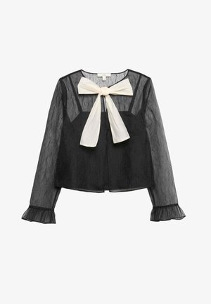Zwarte doorzichtige blouse met lange mouwen, voorzien van een witte strik in de halslijn, textuurstof en gerimpelde manchetten.