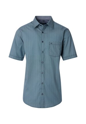 Kurzärmliges Hemd mit Knöpfen in Türkis mit geometrischem Muster, versehen mit einer aufgesetzten Tasche und dunklen Knöpfen auf einem glatten Stoff.