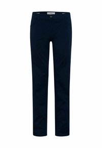 Marinfärgade bomullbyxor med slim fit, med framknäppning, bältesslingor och två sidofickor. Slät textur.