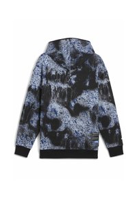 Sudadera con capucha que presenta un patrón abstracto en azul, negro y gris, con un dobladillo y puños negros, y una etiqueta lateral con detalles de texto.