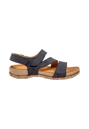 Sort lædersandal med tre justerbare remme, polstret tan fodseng og tekstureret beige gummisål.