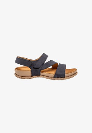 Sort lædersandal med tre justerbare remme, polstret tan fodseng og tekstureret beige gummisål.