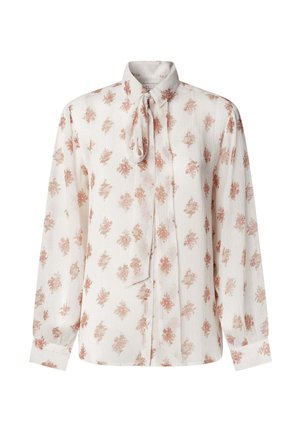 Witte blouse met lange mouwen en een roze bloemenpatroon. Heeft een kraag en een strikdetail bij de hals. Getextureerde stof met knoopsluiting.