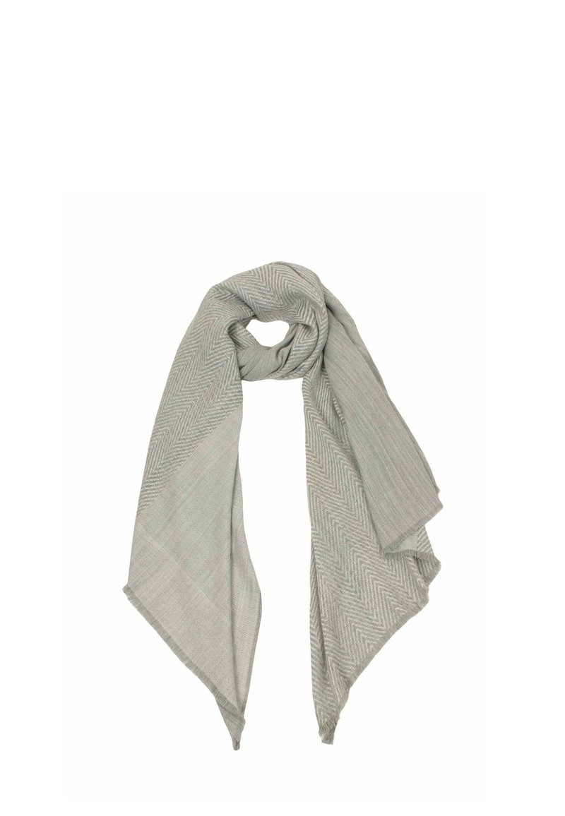 Light gray scarf with a herringbone pattern, featuring soft texture and draped design. Edges are slightly frayed, creating a casual look.