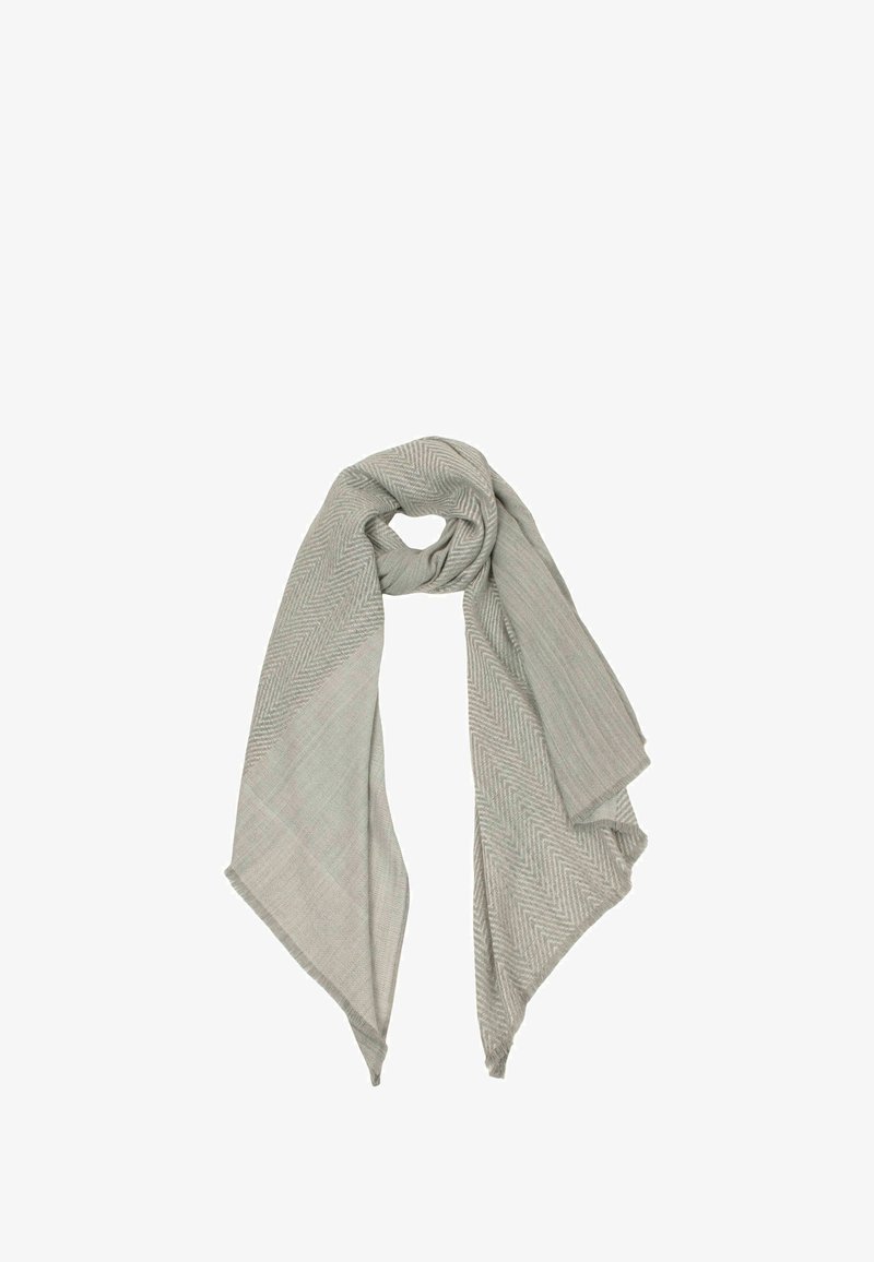 Light gray scarf with a herringbone pattern, featuring soft texture and draped design. Edges are slightly frayed, creating a casual look.