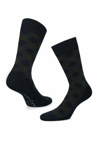 Skarpetki w naprzemienny wzór w kolorze granatowym i ciemnozielonym z prążkowanym mankietem oraz wzmocnioną piętą. Materiał jest miękki, co zapewnia ciasne i wygodne dopasowanie.