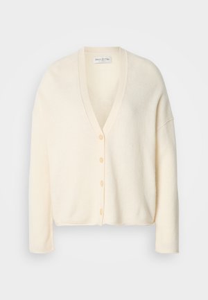 Cardigan creme, mistura de lã, decote em V, mangas longas, botões frontais, corte relaxado, textura suave, design minimalista.