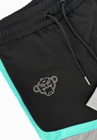 Zwarte sportshorts met turquoise en grijze accenten, een elastische tailleband, touwtjes en een geborduurd aaplogo op de voorkant.