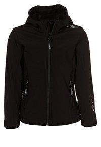 Schwarze Softshell-Jacke mit Kapuze, Frontreißverschluss, seitlichen Reißverschlusstaschen und "Wind Protect"-Aufschrift auf dem linken Ärmel.