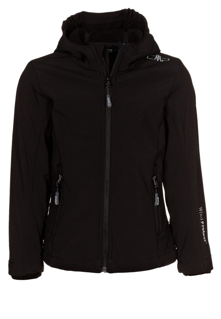 Schwarze Softshell-Jacke mit Kapuze, Frontreißverschluss, seitlichen Reißverschlusstaschen und "Wind Protect"-Aufschrift auf dem linken Ärmel.