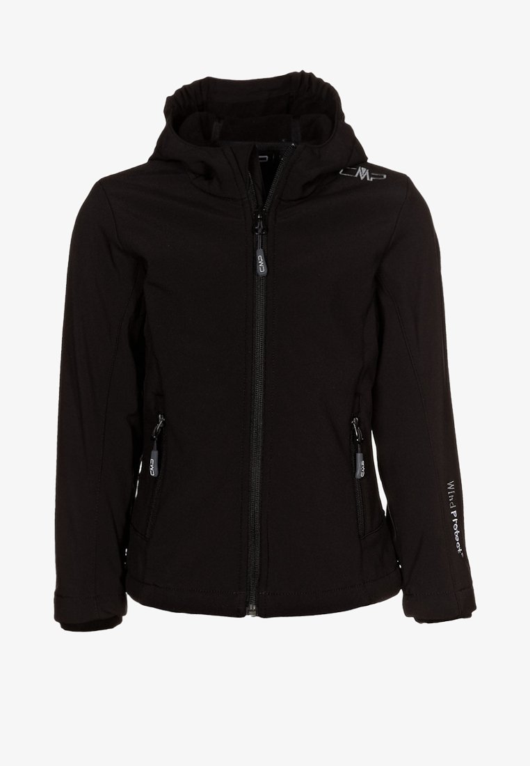 Black hooded softshell jacket with front zipper, zippered side pockets, and "Wind Protect" text on left sleeve.