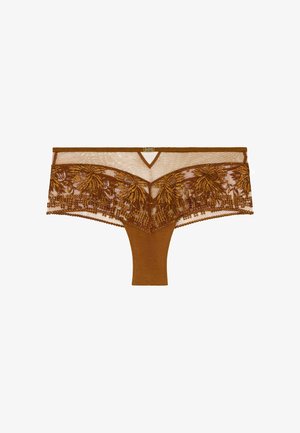 Culotte hipster en dentelle marron avec motifs de feuilles brodées et accents perlés. Présente un panneau en maille en forme de V à l'avant.