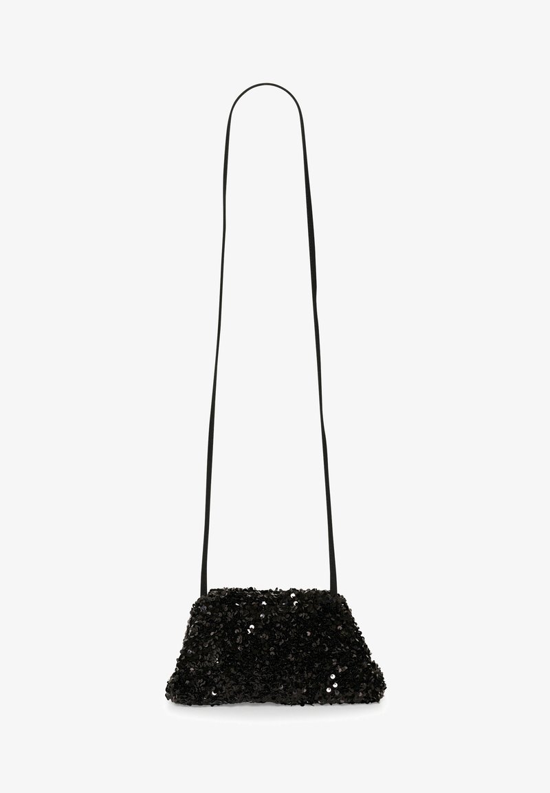 Black sequined crossbody bag with a triangular shape, textured surface, and a long, thin black strap. Closure details are not visible.