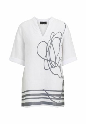 White tunic with half sleeves, V-neck, abstract gray line design on right side, and horizontal gray stripes along the hem.