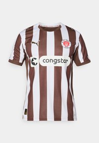 Brun og hvid lodret stribet fodboldtrøje med PUMA-logo, Congtar-sponsorering, rund halsudskæring og FC St. Pauli-crest på venstre bryst.