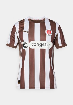 Pruun ja valge vertikaalselt triibuline jalgpallipusakas PUMA logo, congtar sponsorlus, ümmargune kaelus ja FC St. Pauli embleem vasakul rinnal.