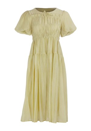Vestito midi giallo chiaro con maniche corte a sbuffo, corpetto arricciato, gonna raccolta e dettaglio con fiocco sullo scollo rotondo.