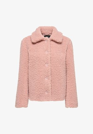 Rosa flauschige Jacke mit Kragen, strukturiertem Stoff, Knopfverschluss vorne und langen Ärmeln. Weiche, gemütliche Optik mit lässiger Passform.