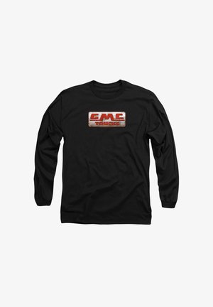 Black long-sleeve t-shirt with a distressed white and red "GMC TRUCKS" logo in the center. Soft fabric with round neckline and comfortable fit.