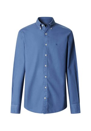 Herenblauwe blouse met lange mouwen, knoopsluiting, met knoopsluiting aan de kraag en een klein geborduurd logo op de linkerborst.