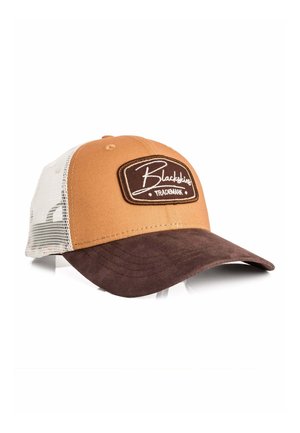 Kapa za vozače u smeđoj i bež boji s mrežastim stražnjim dijelom i zakrpom "Blackskies Trademark" na prednjoj strani, prikazana ukošeno kako bi se vidio obod i bočni mrežasti dio.