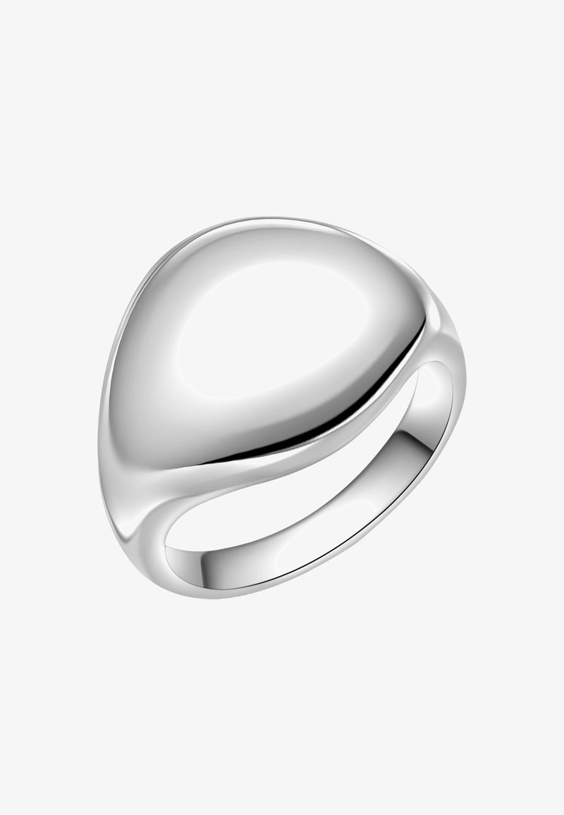 Sudraba gredzens ar gludu, noapaļotu dizainu un spīdīgu apdari. Piedāvā tievu joslu un iegarenu asaras formas augšpusi.