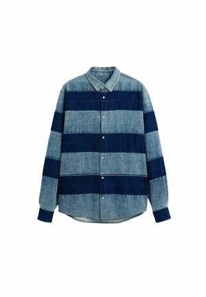 Camicia di denim con strisce orizzontali blu e blu scuro, colletto tradizionale, chiusura con bottoni, maniche lunghe e taglio comodo.