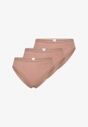 Three pairs of beige women's briefs with a smooth texture, elasticated lace trim, and a subtle logo on the waistband.