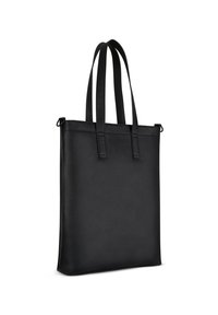 Černá taška přes rameno s elegantním designem, vyrobená z hladké kůže, s dvěma dlouhými uchy a bez viditelného kování nebo vzorů.