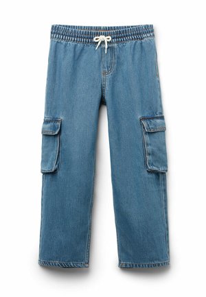 Pantalons cargo en denim bleu clair avec une taille élastique, un cordon de serrage et deux poches latérales avec des fermetures à rabat.