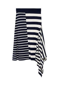 Gestreepte rok van marineblauwe en witte stof, met een asymmetrische zoom en zachte textuur. Elastische tailleband voor een aansluitende stijl.