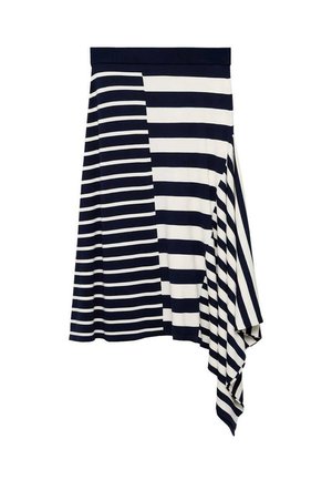Striped skirt with navy blue and white fabric, featuring an asymmetrical hemline and soft texture. Elastic waistband for a fitted style.