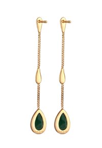 Guld-tone drop øreringe med en grøn dråbeformet sten, der har et kædelinkdesign og teksturerede detaljer. Fremstillet af sterlingsølv.