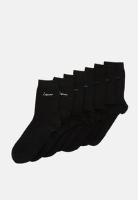 Black socks set of seven, each with slight variations in multicolor embroidered brand name. Fabric appears smooth, with a soft texture.