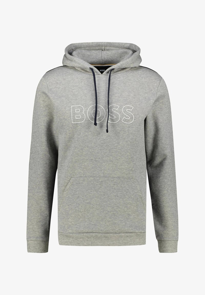 Sweat à capuche gris avec poche kangourou, cordons de serrage et logo blanc "BOSS". Tissu doux et poignets côtelés ; présente des accents noirs sur les épaules.
