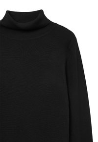 Pull noir à col roulé en tissu tricoté doux. Présente un col épais côtelé et des manches longues. Design simple sans motifs ni accents.