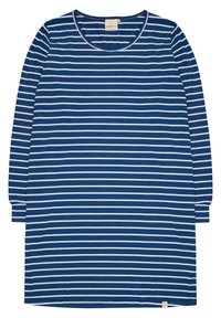Abito a maniche lunghe blu navy con righe bianche orizzontali; presenta un collo rotondo e un tessuto morbido e leggero. Piccolo etichetta del marchio all'orlo.