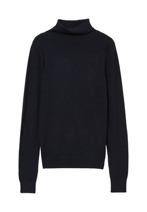 Schwarzer, langärmeliger Rollkragenpullover mit gerippten Bündchen, Kragen und Saum, auf einem schlichten weißen Hintergrund präsentiert.