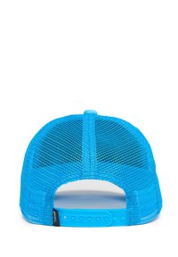 Blue mesh snapback cap with a structured shape. Features a solid blue adjustable strap and a ventilated back for breathability.