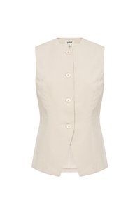 Bezrukavý lněný blazer, světle béžový, s kulatým výstřihem, šesti předními knoflíky a přiléhavým střihem s mírně rozšířeným lemem.