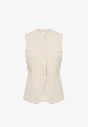 Mouwloze linnen blazer in lichtbeige, met een ronde halslijn, zes knopen aan de voorkant en een getailleerde pasvorm met een licht uitlopende zoom.