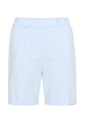 Light blue shorts made of smooth fabric, featuring a flat front, two pleats, and rolled cuffs. No visible pockets or hardware details.