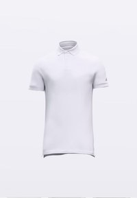 Bílá polo košile s krátkými rukávy, límečkem a límcem se třemi knoflíky. Má jednoduchý design a logo Adidas na levém rukávu.